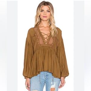 Free People Don't Let Go Crochet Woven Lace-Up Peasant Tunic Shirt Boho Sz Small